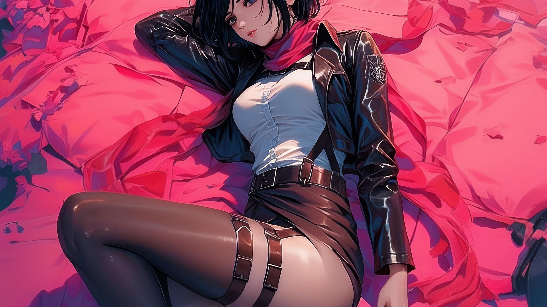 Mikasa Ackerman in black and pink leather on a plush bed under neon pink light, anime style.