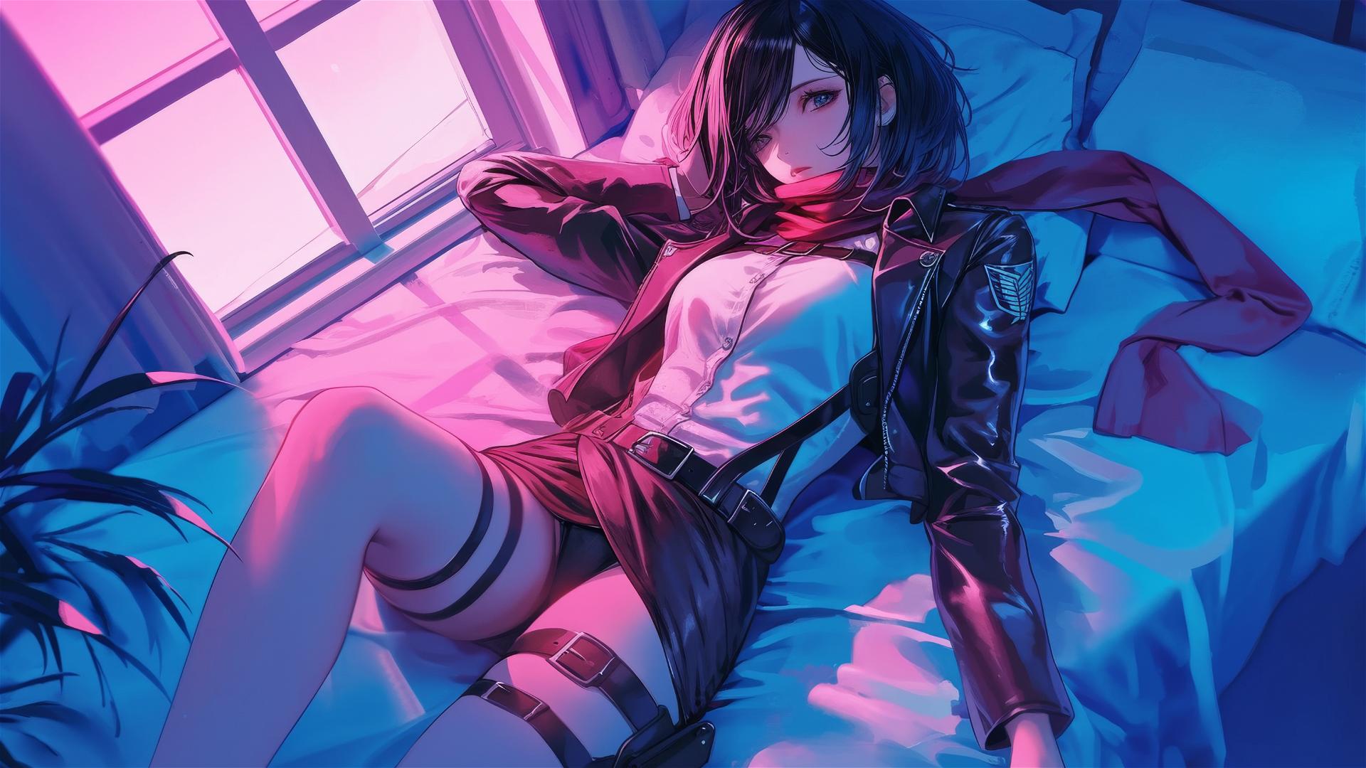 Mikasa Ackerman in black and pink leather on a bed, neon pink light illuminating her.