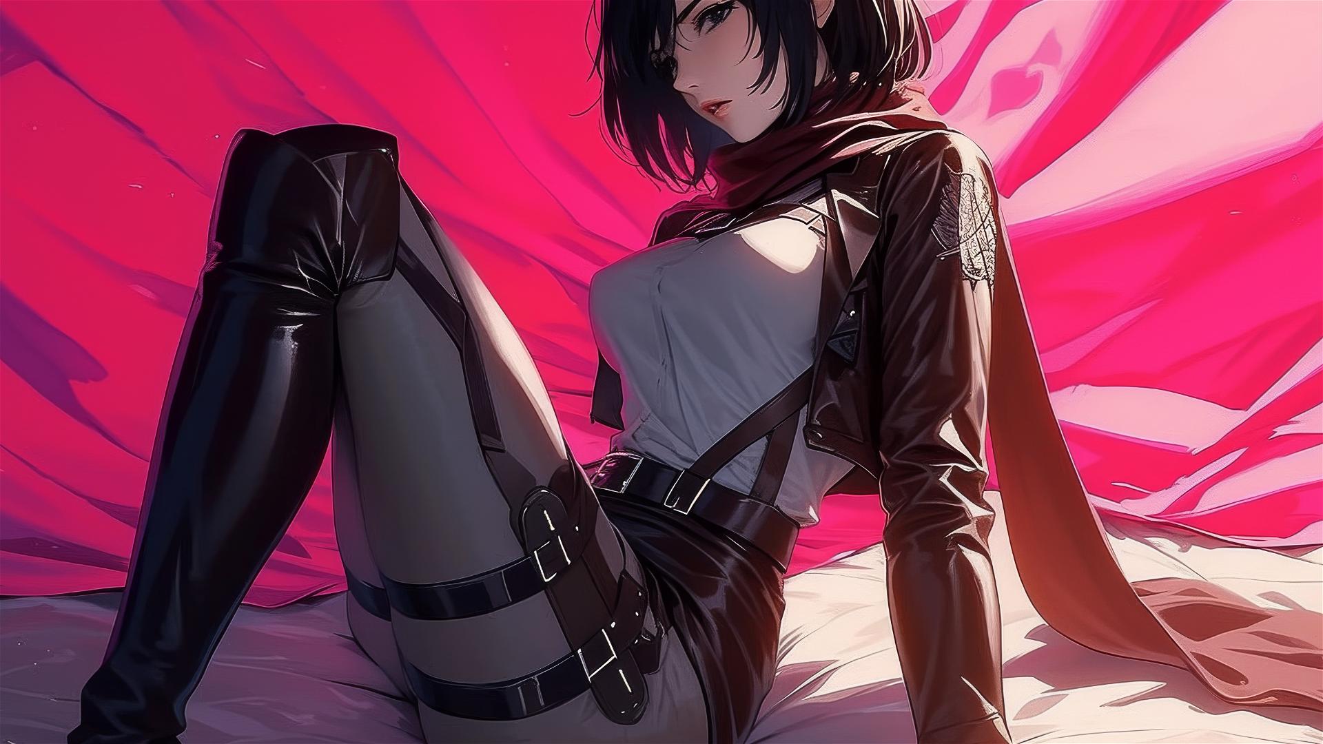 Mikasa Ackerman in black and pink leather outfit lying in bed with neon glow.
