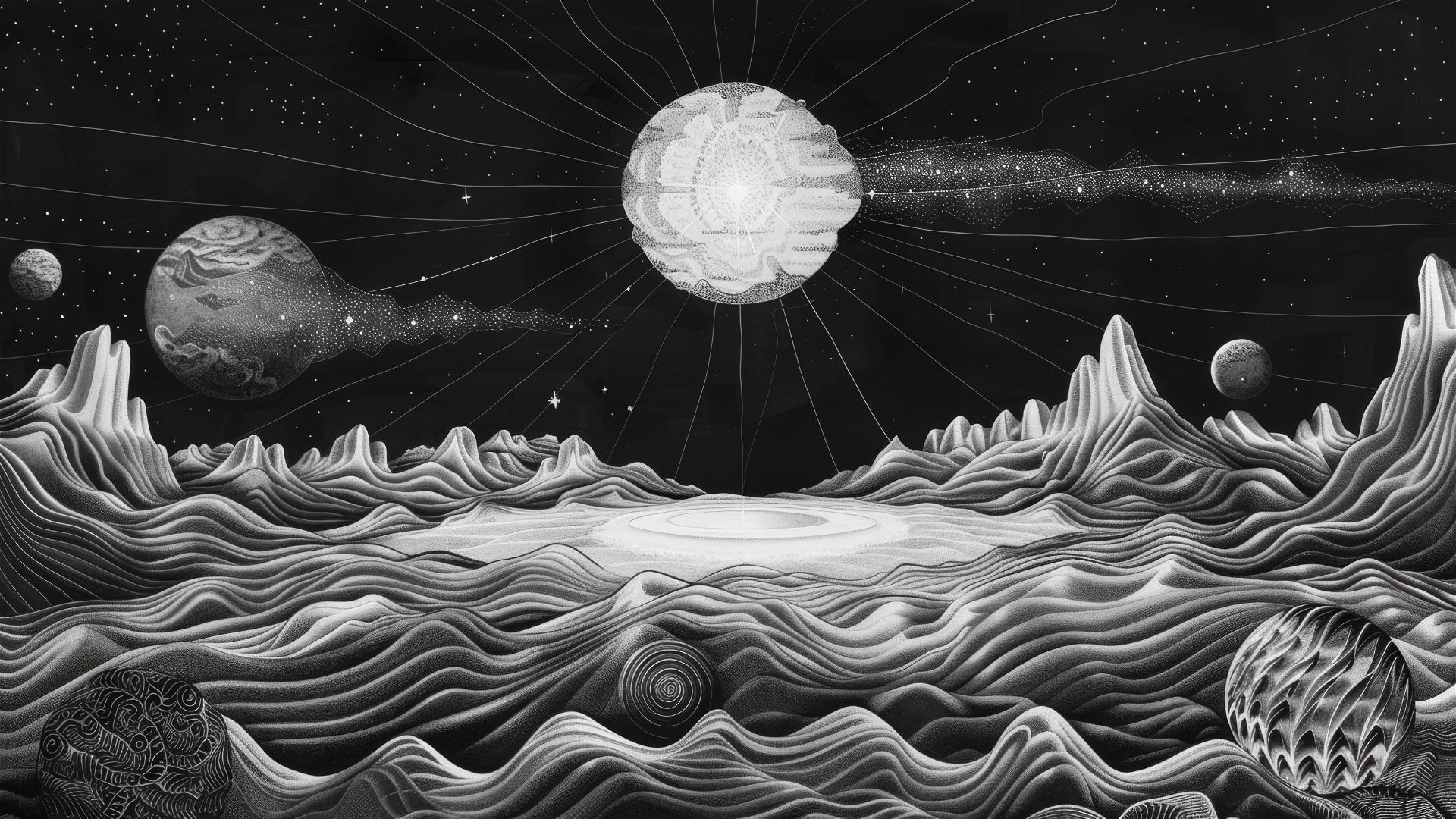 Android artist's monochrome drawing of a flat Earth in the solar system.