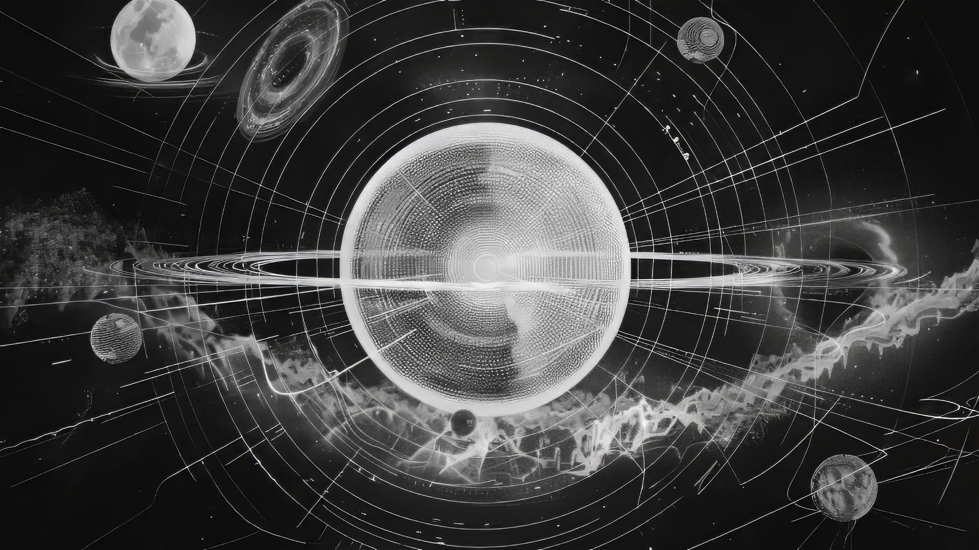 Android artist's monochrome depiction of flat Earth in solar system