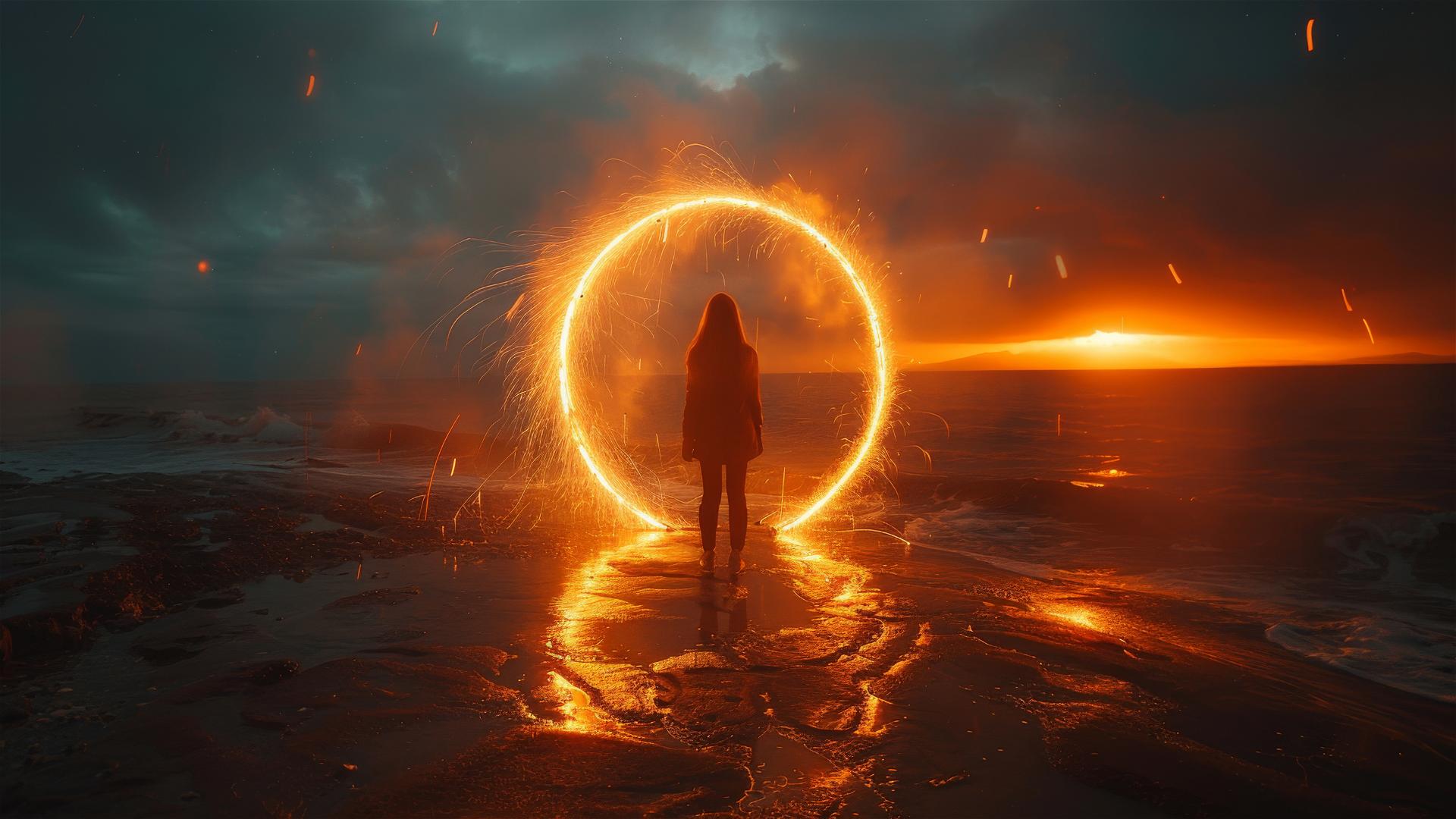 Woman by the sea with sparks and orange lights in a dark, magical setting.