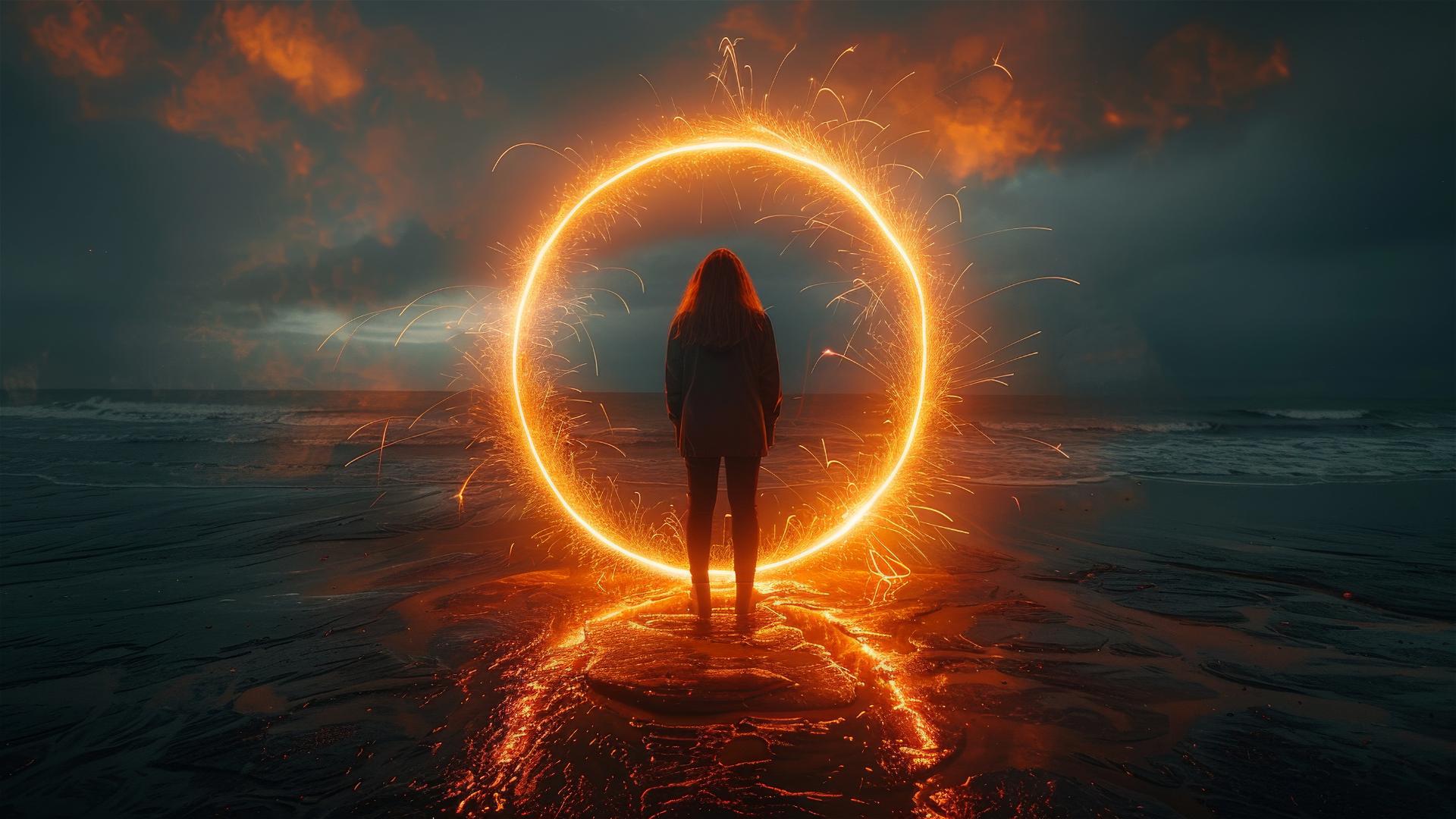 Woman by the sea with sparks and orange lights in a magical setting.