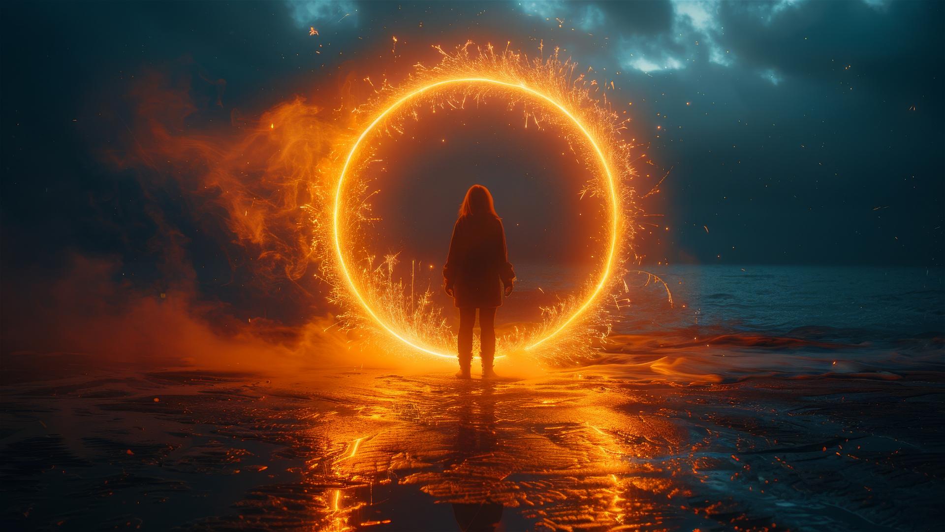 Woman by sea with sparks, orange lights, and dark magical background.