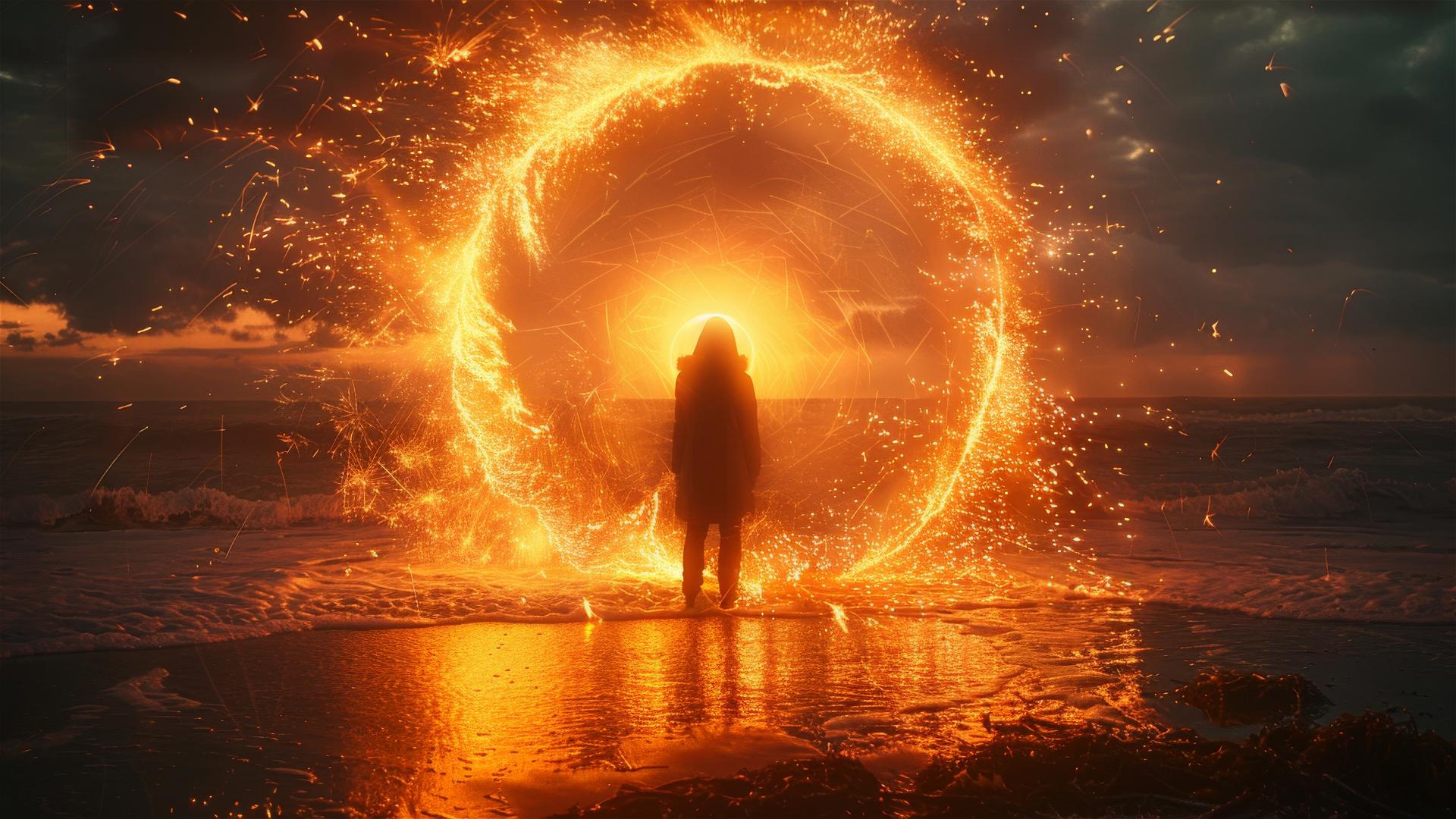 Woman by sea with sparks and orange lights in a dark, magical setting.