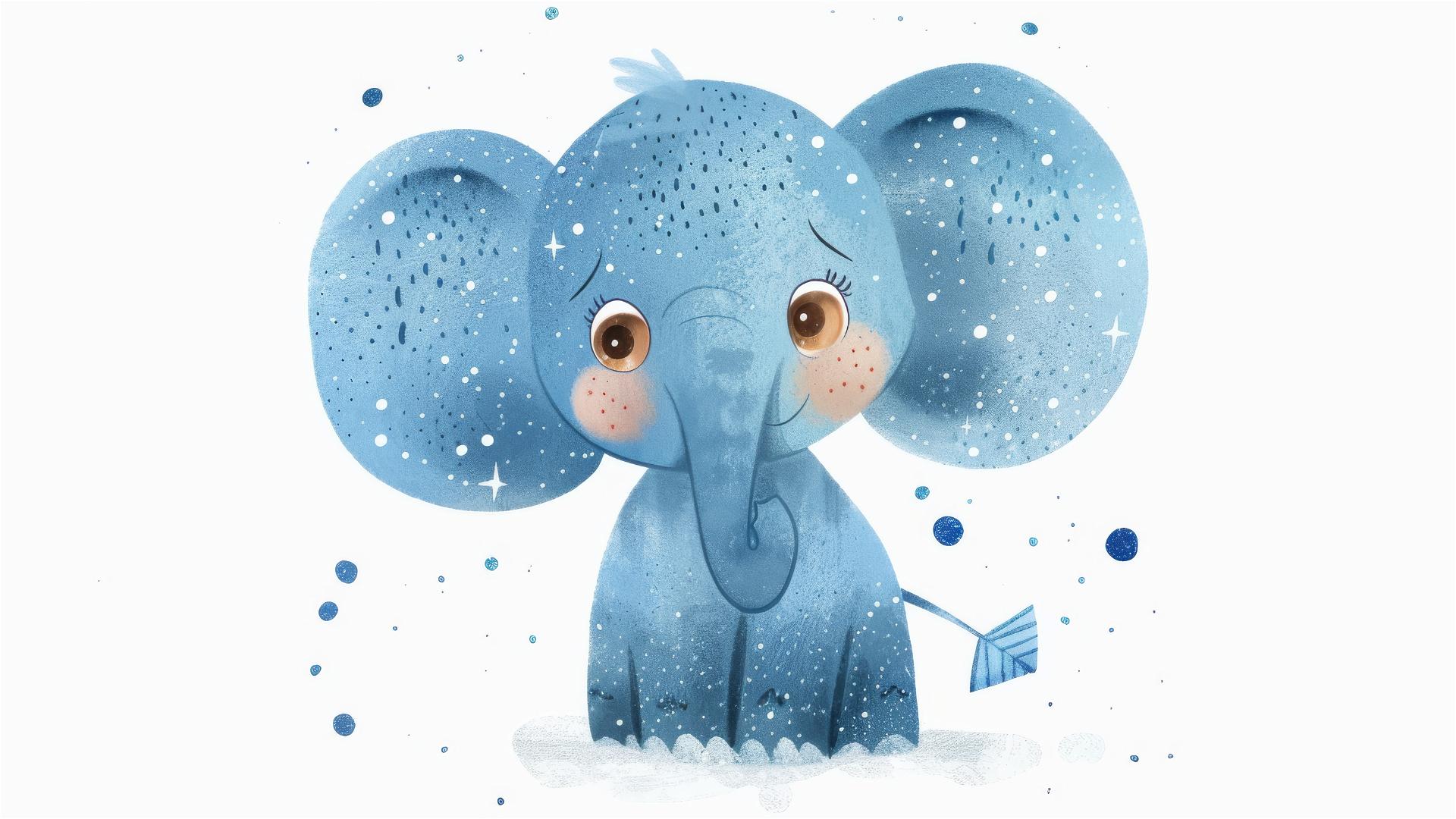 Pixar-style blue elephant with dark blue ears and brown eyes, white background.