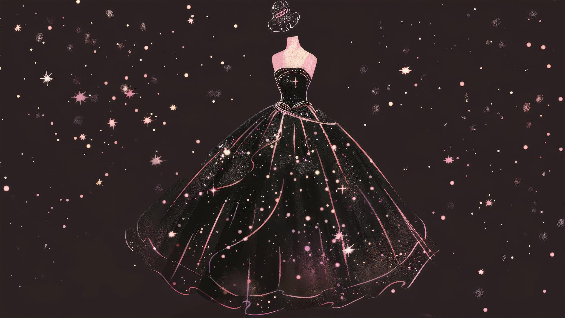 Retro black and pink dress illustration, glittery princesscore style