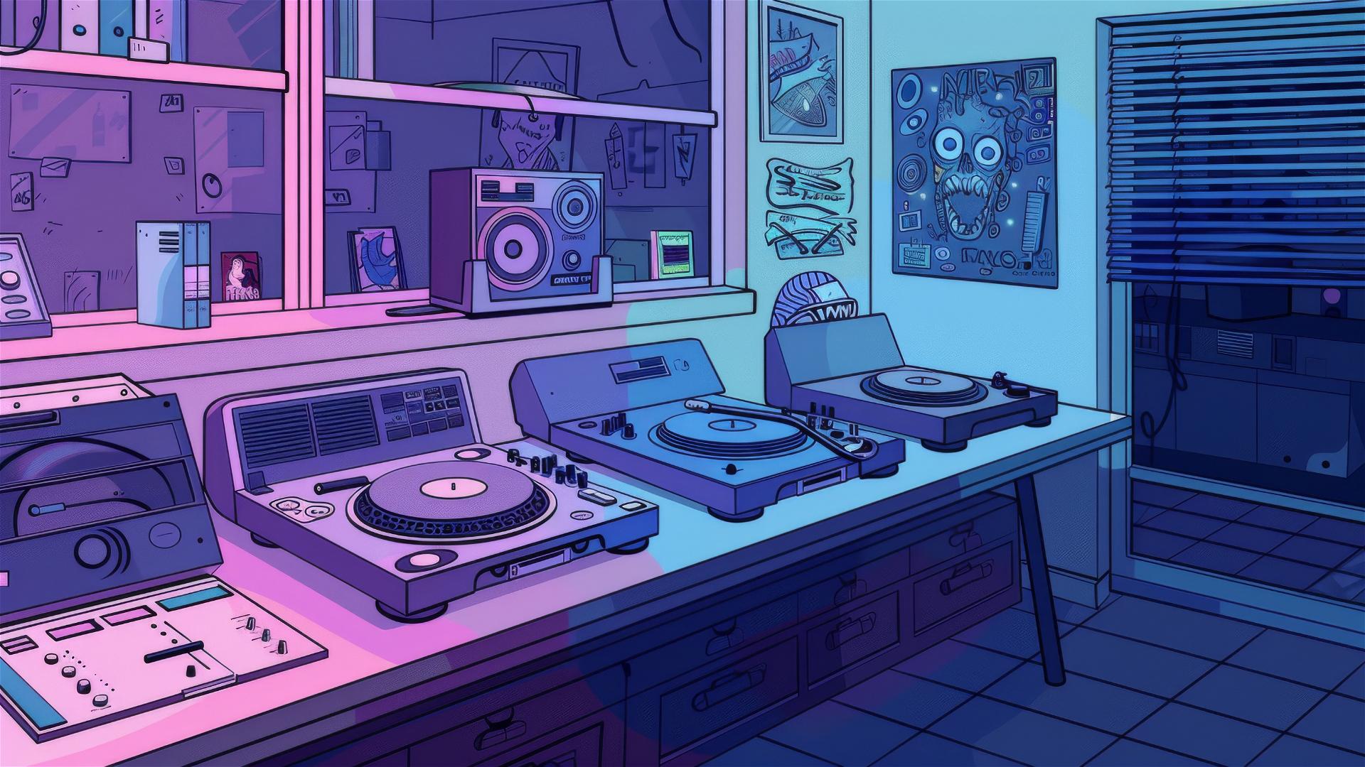 Isometric vinyl shop with Technics turntables and rave art, Hiroshi Nagai and Studio Ghibli style.