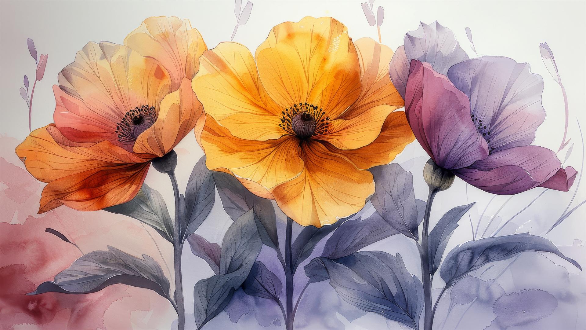 Watercolor painting of three flowers with a gradient background