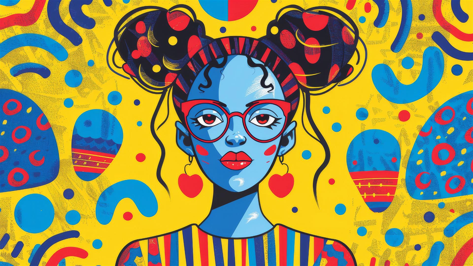 Cartoon girl illustration in Keith Haring style on yellow