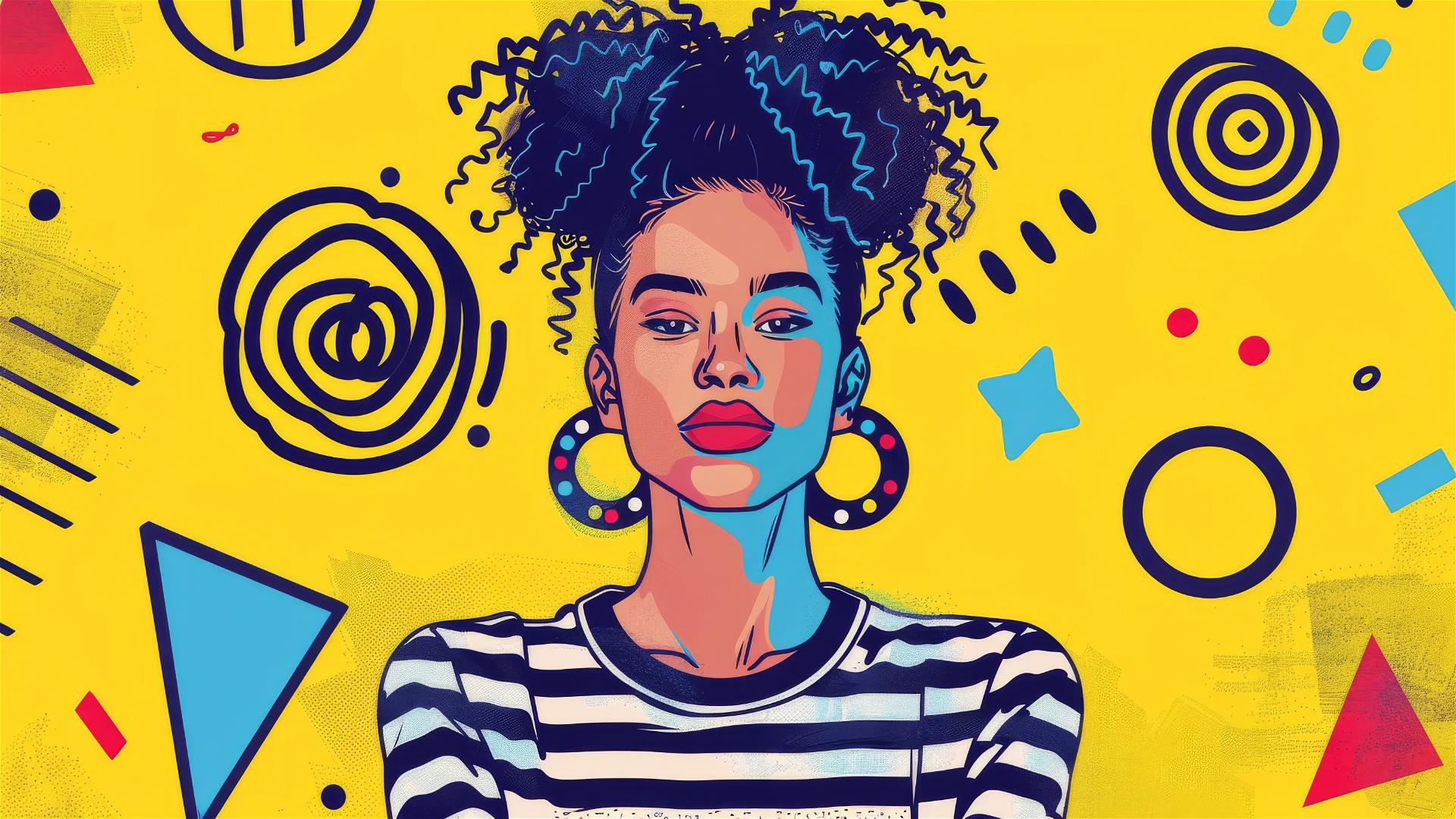 Cartoon girl illustration with yellow background in Keith Haring style.