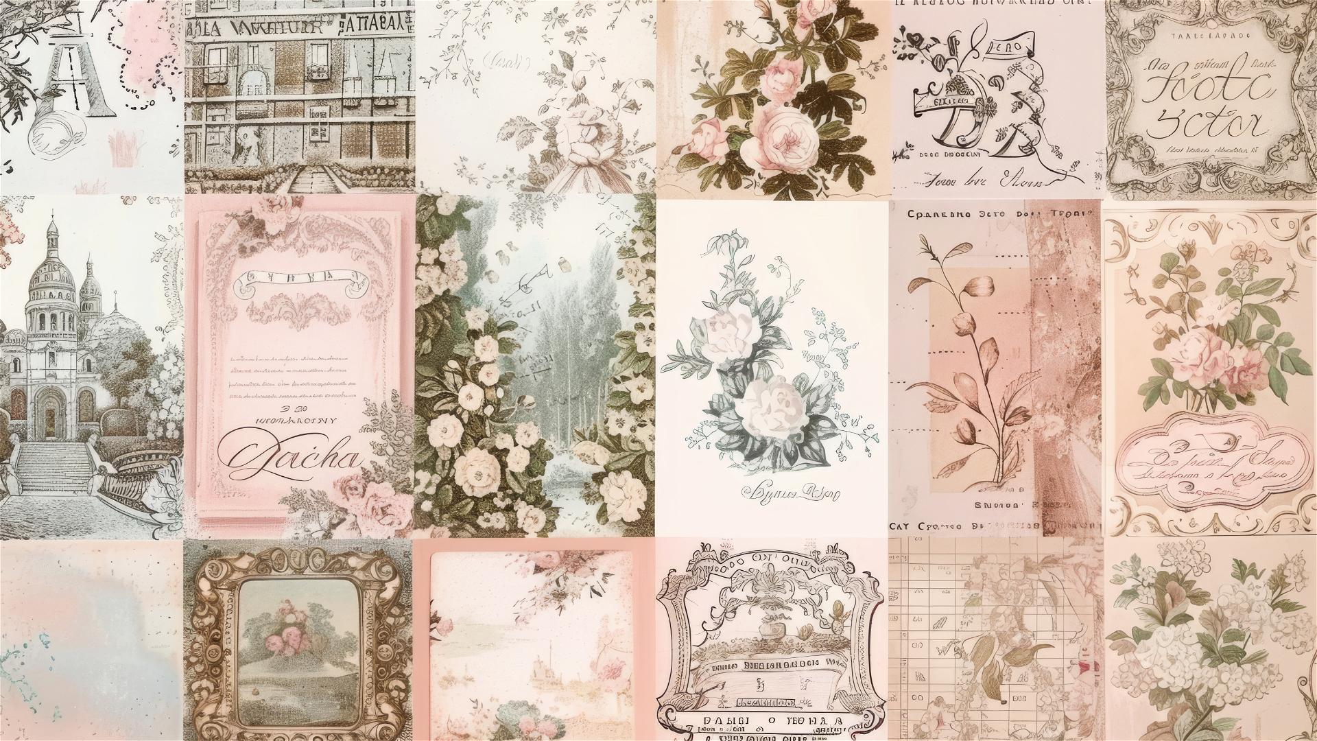 French shabby chic fabric patterns with pastel and monochrome tones.