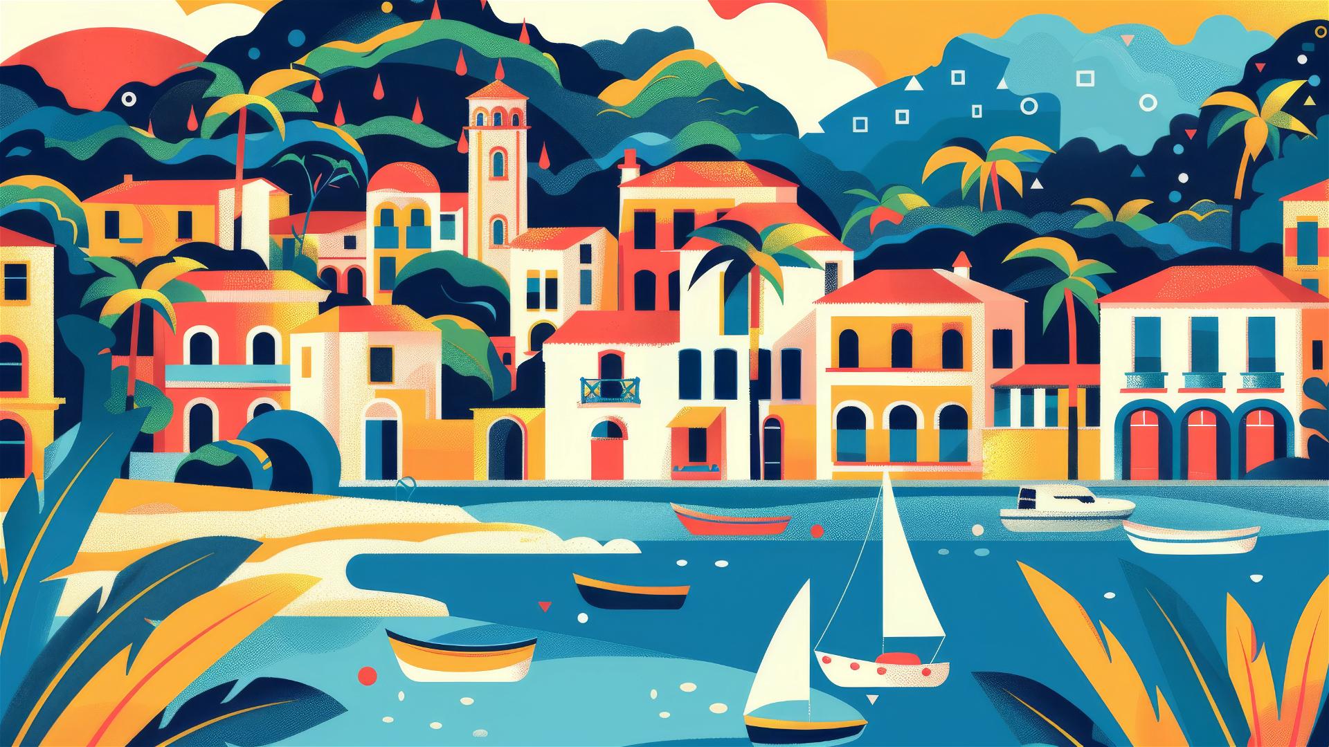 Vibrant Italian Riviera pattern with bold outlines and flat colors.