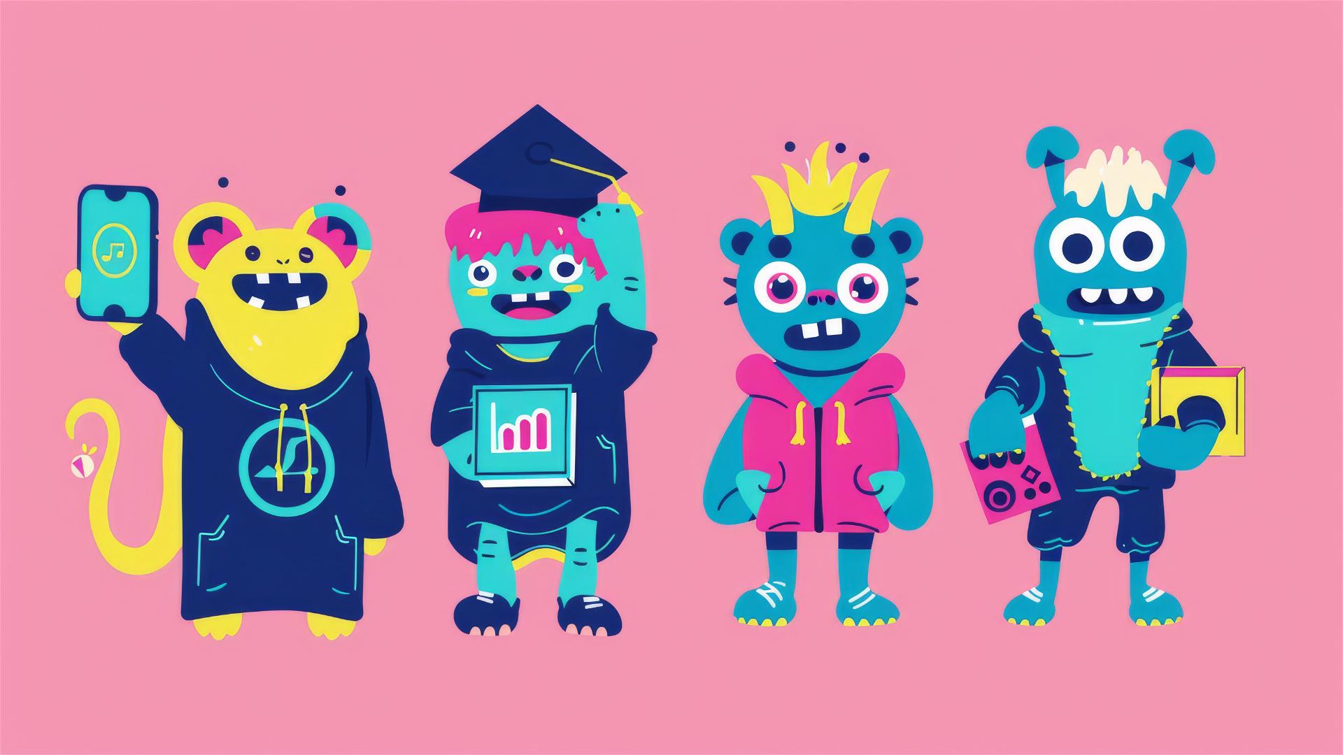 Cute monsters with graduation and study themes, vector illustration on pink