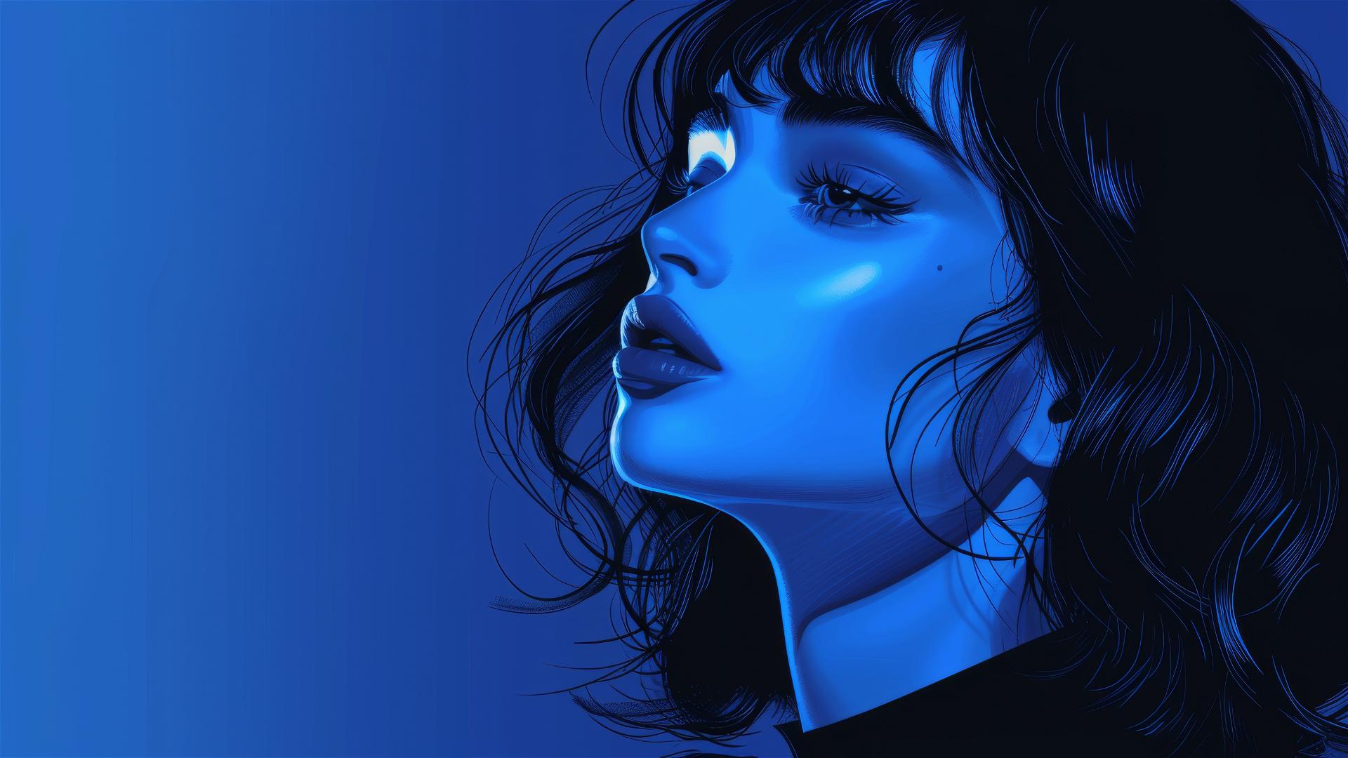 Fashion girl in exaggerated pose, sapphire vs Kimbuanel on Klein blue.