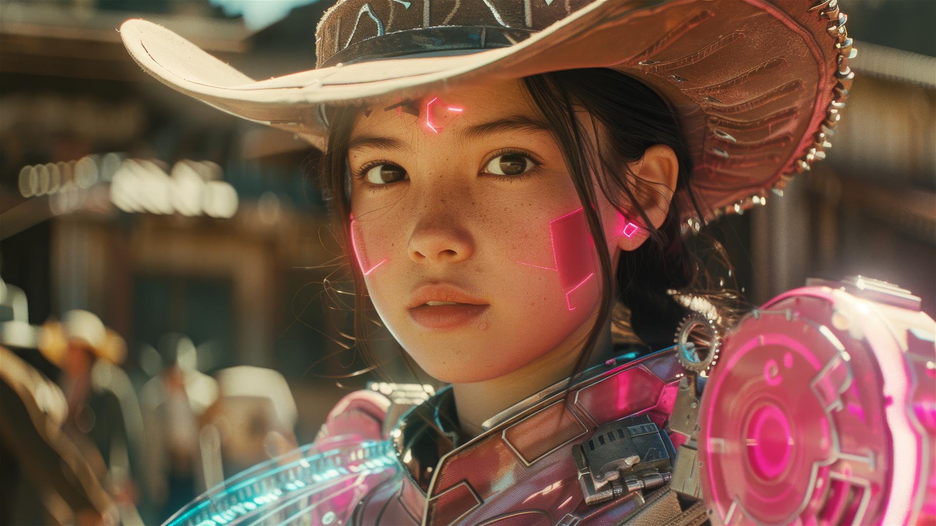 Japanese teen cowgirl in neon pink robot mech, 1860s western town.