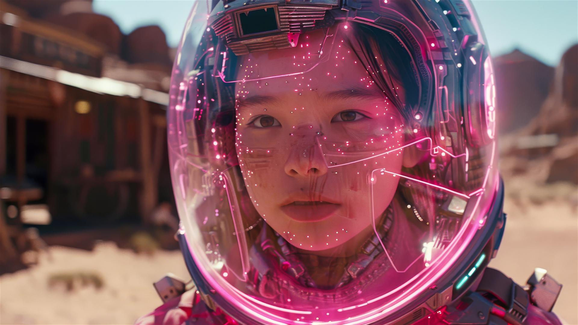 Japanese teen cowgirl in neon pink robot cowboy mech, vintage western style.