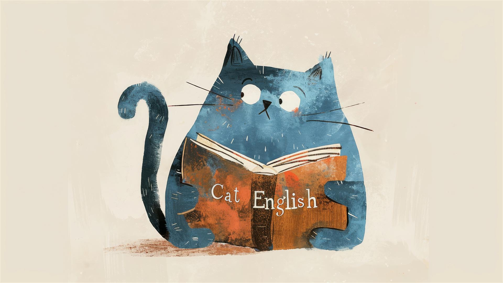 Blue cat reading 'Cat English' book, Jon Klassen style, pastel colors.