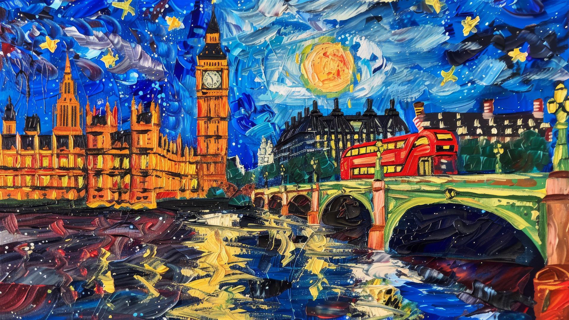 Childlike painting of Thames, Big Ben, red bus, stars, and Earth.