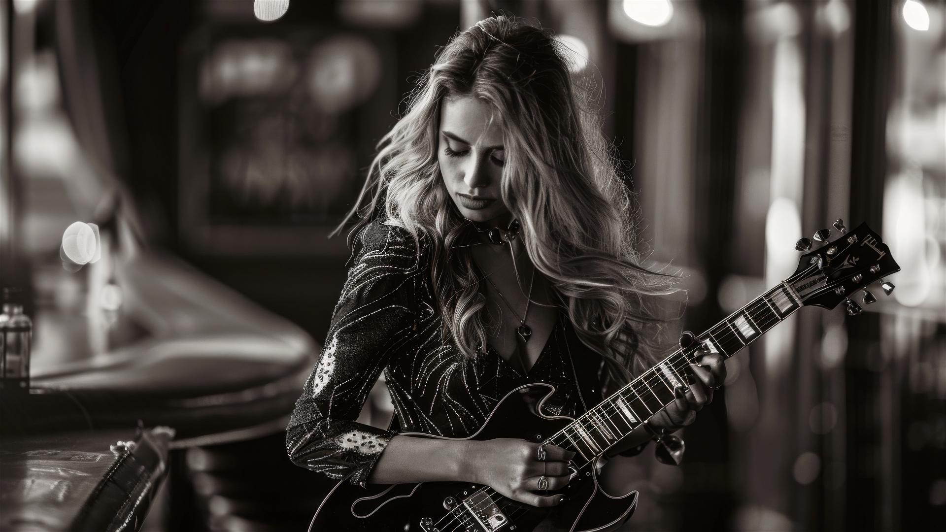 Black and white photo of woman in rock dress with jazz guitarist on stage