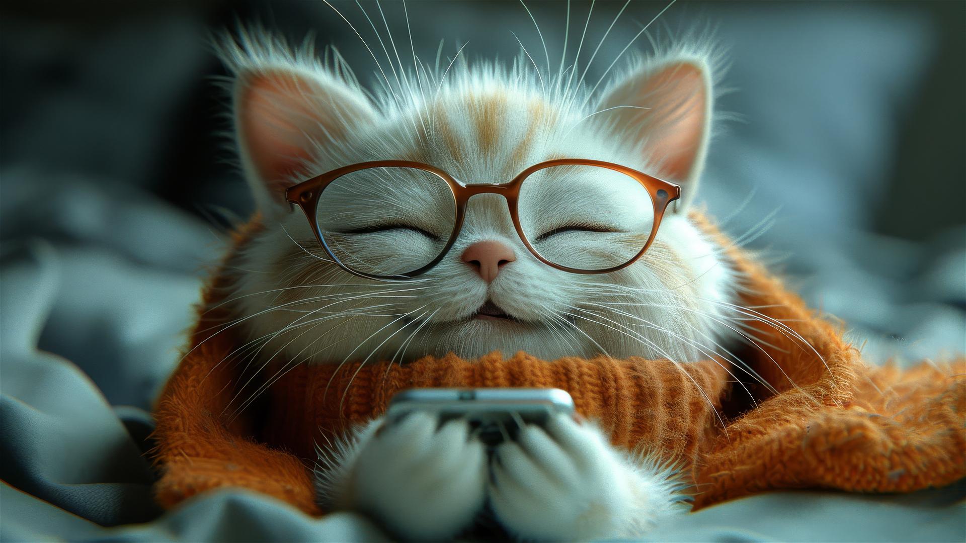 Chubby white cat with glasses playing with phone, Pixar style.