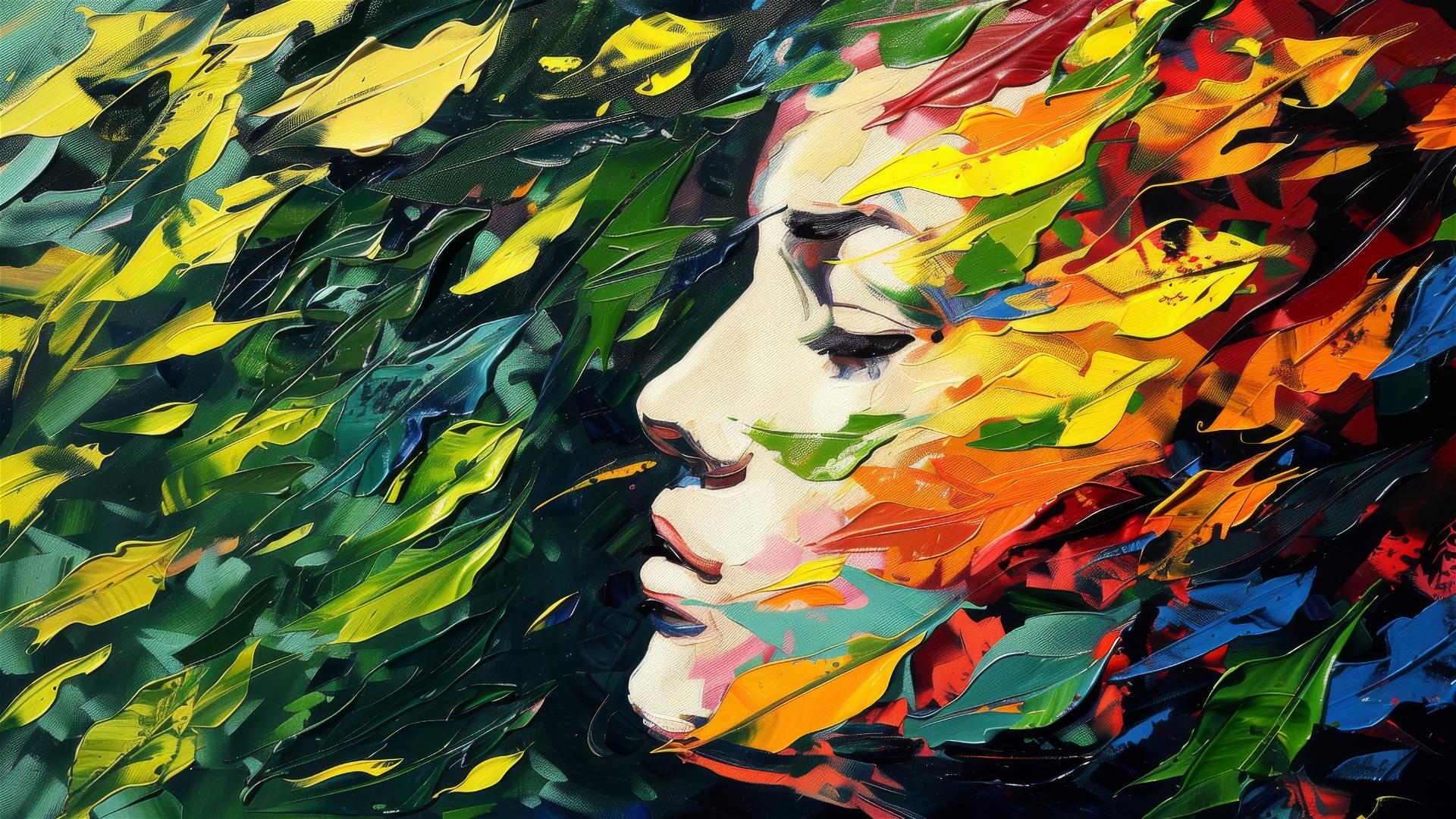 Abstract oil painting of a woman amidst leaves