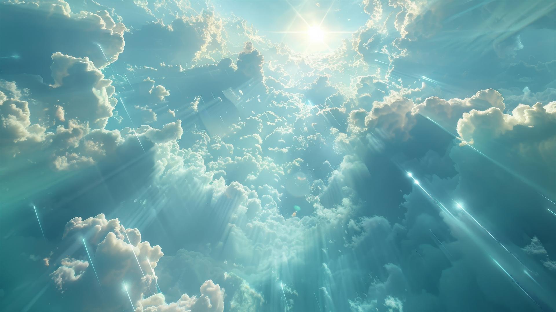 CG rendering of a blue universe with rainbow light and smooth clouds.