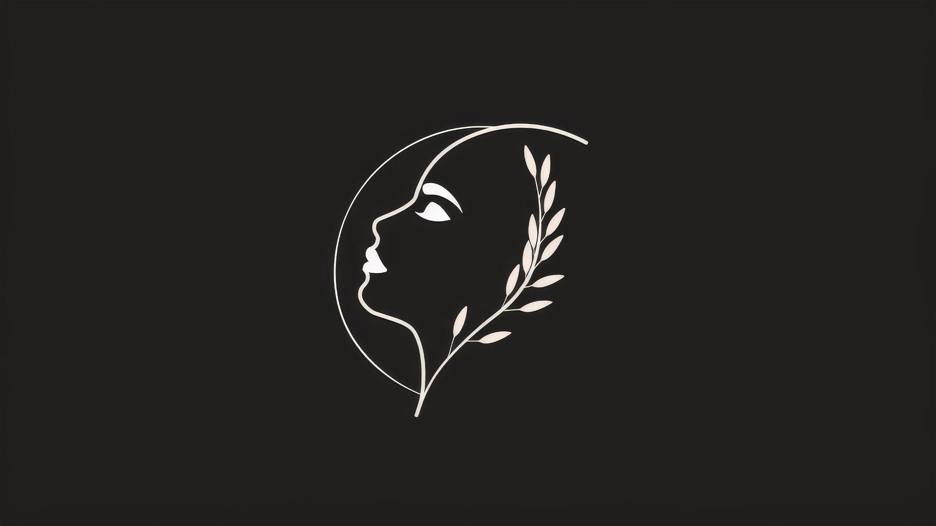 Minimalist white oval logo of rice grains with a woman's face silhouette on black