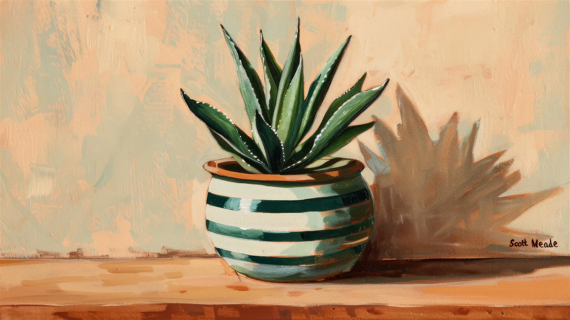 Matisse-style agave in striped pot, signed by Scott Meade.