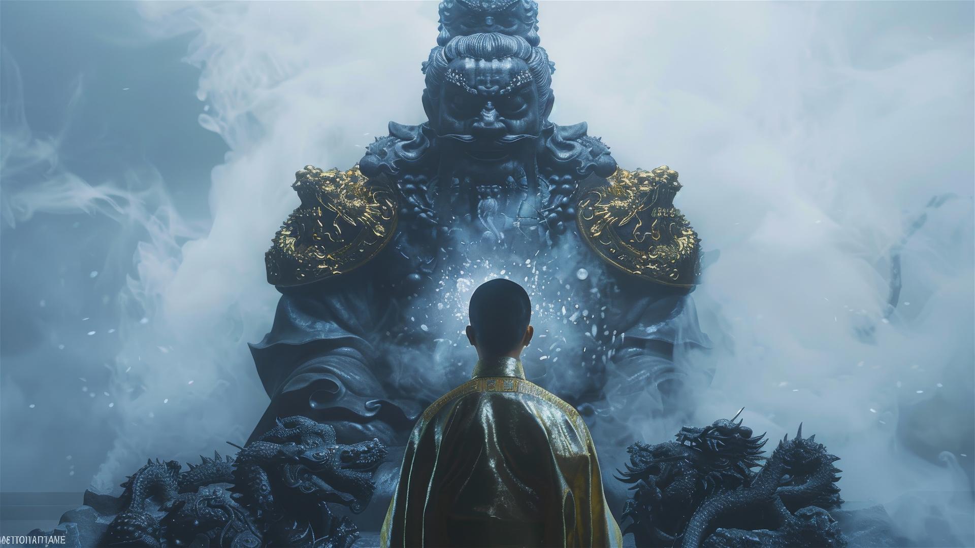 Tai Sui statue in golden armor and monk in mist