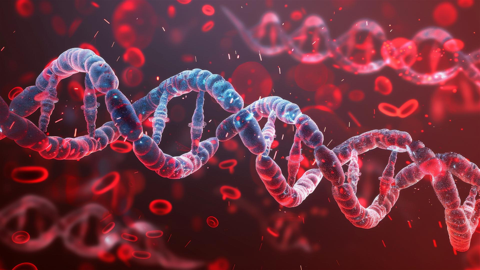 Close-up of blue DNA helix on red background with cell and light rays