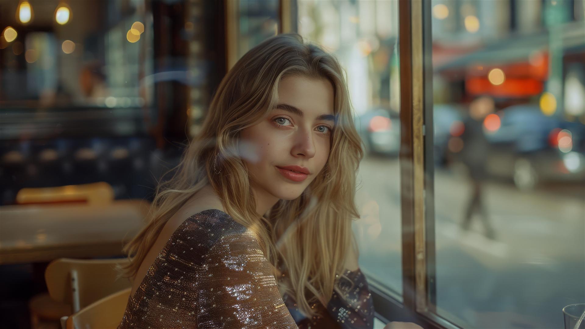 French girl in sequin dress at cafe with passerby reflection, Vivian Maier style.