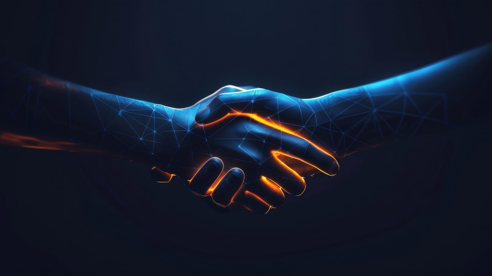 Futuristic handshake with glowing elements in black and blue