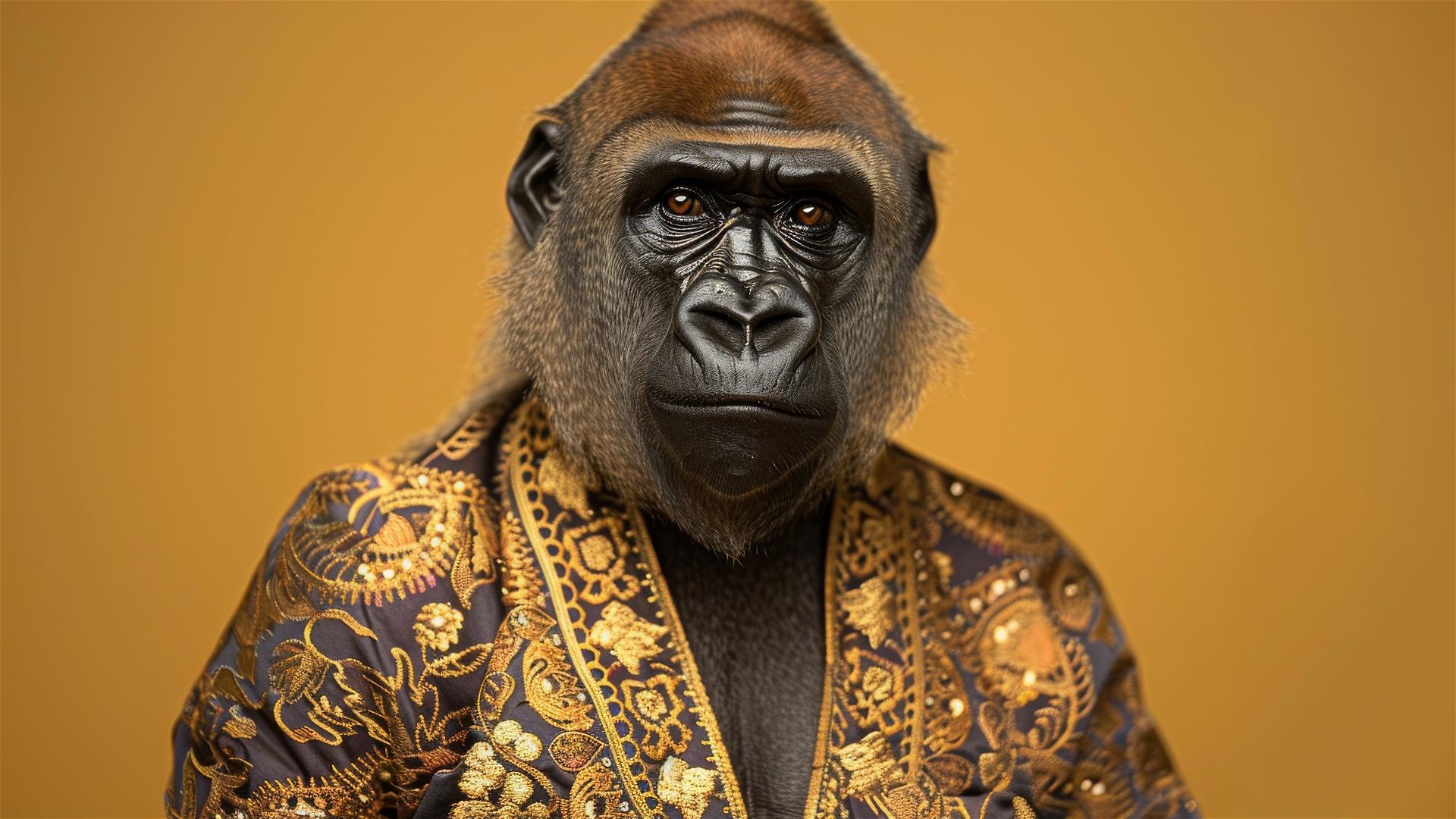 Yellow gorilla in golden outfit, studio portrait style.