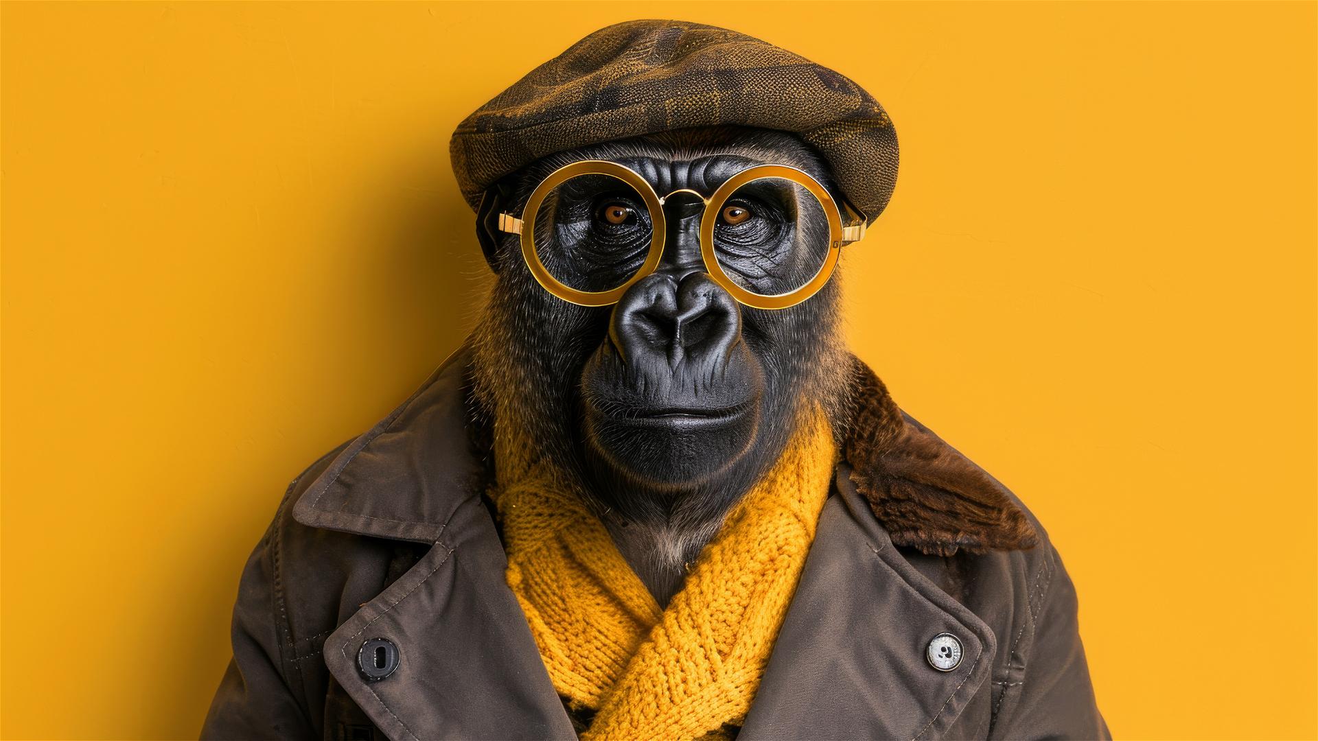 Yellow gorilla in golden outfit, studio portrait style.