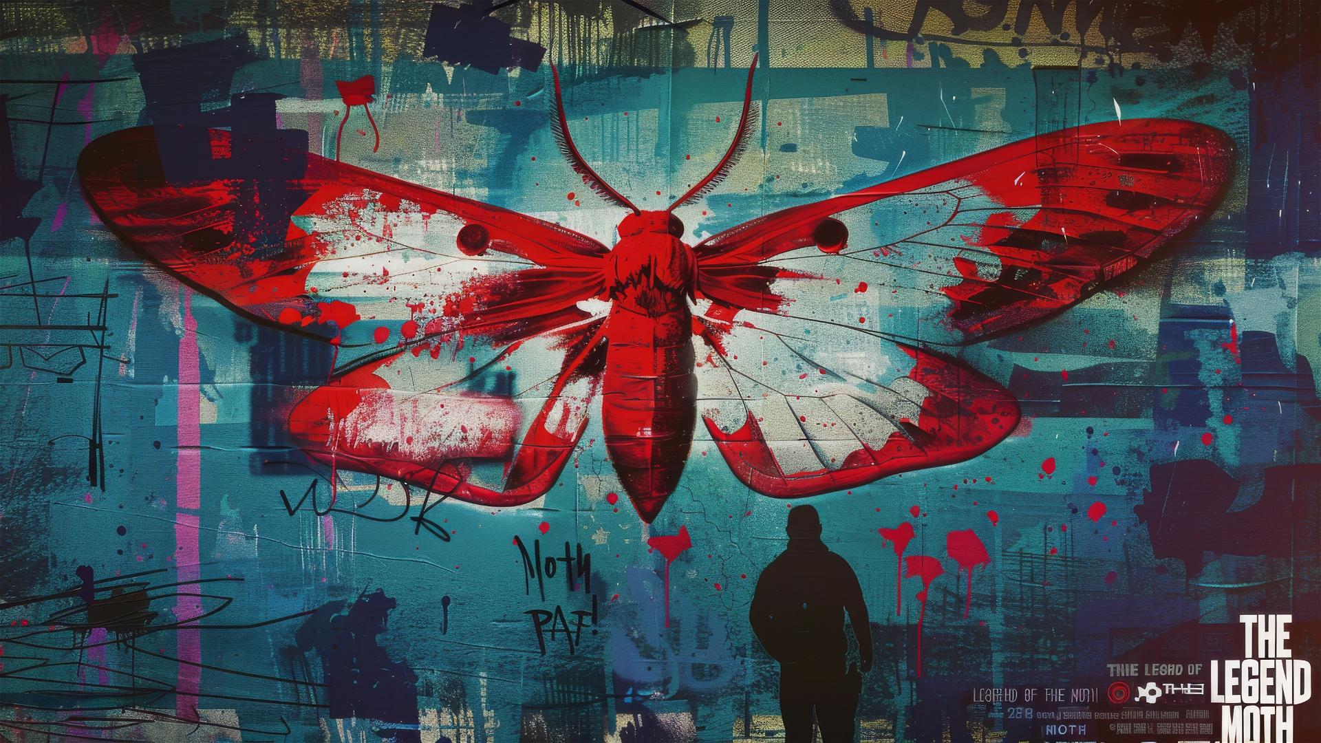 Graffiti moth and man with pistol on movie poster