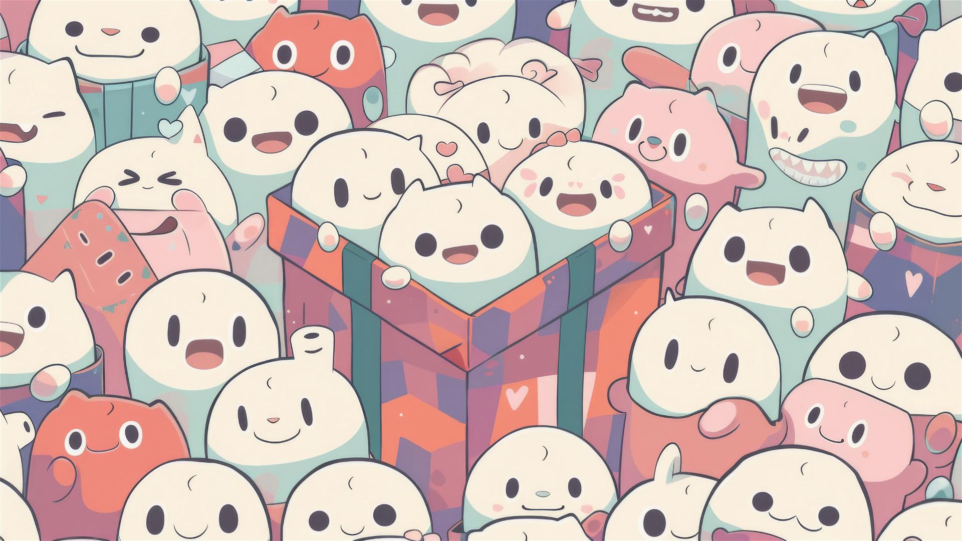 Cute marshmallow people with Studio Ghibli eyes on a patterned background
