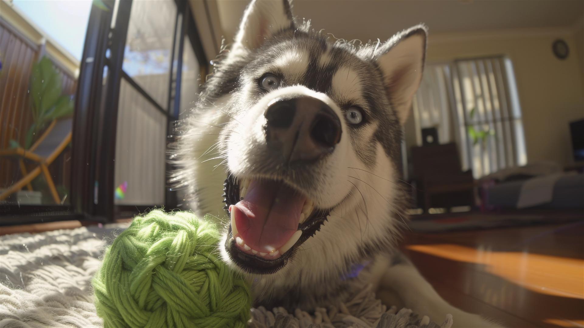 Happy husky playing with green knitting ball in natural light