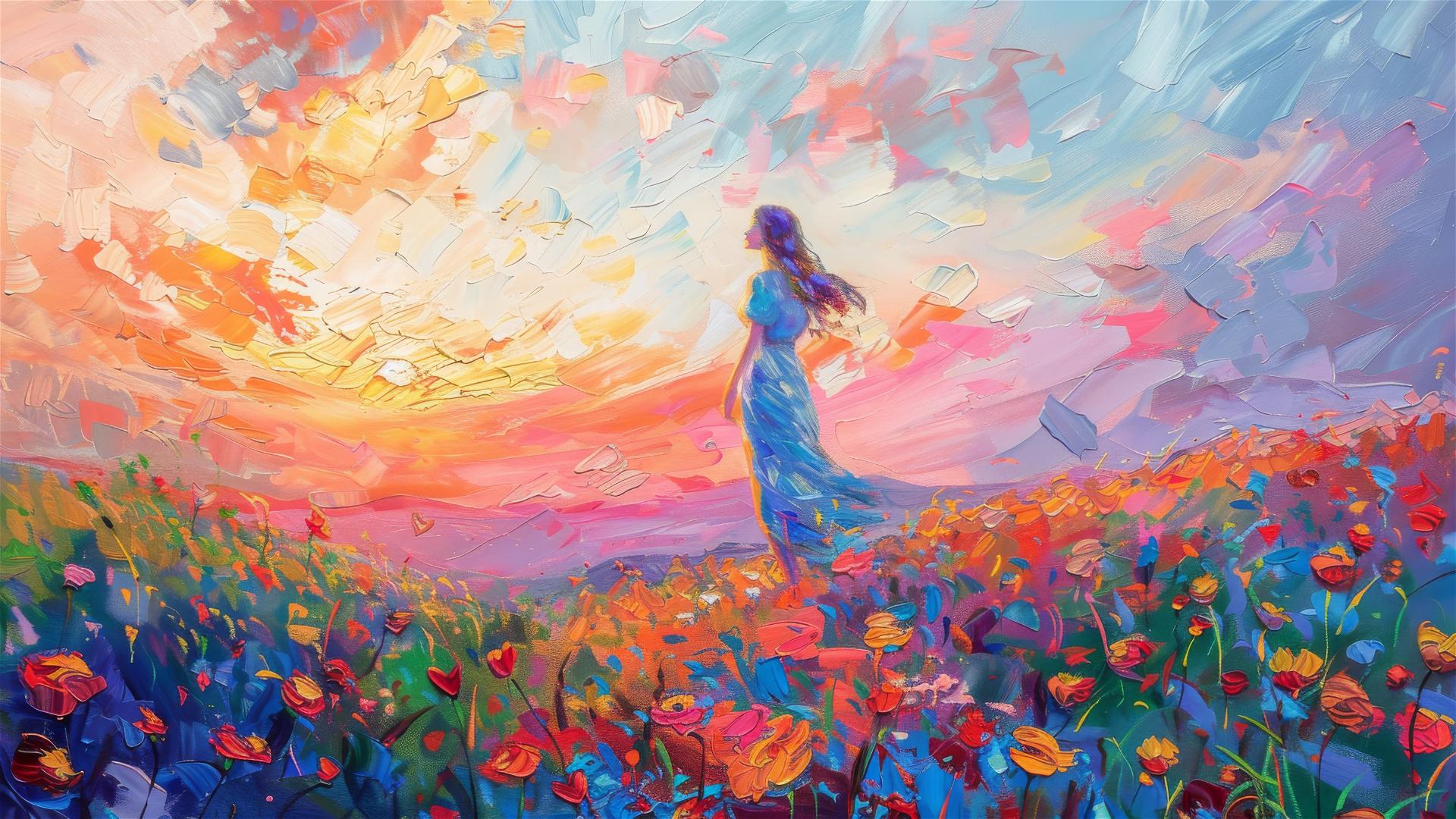 Girl walking among flowers under a pink-blue sky, Van Gogh style