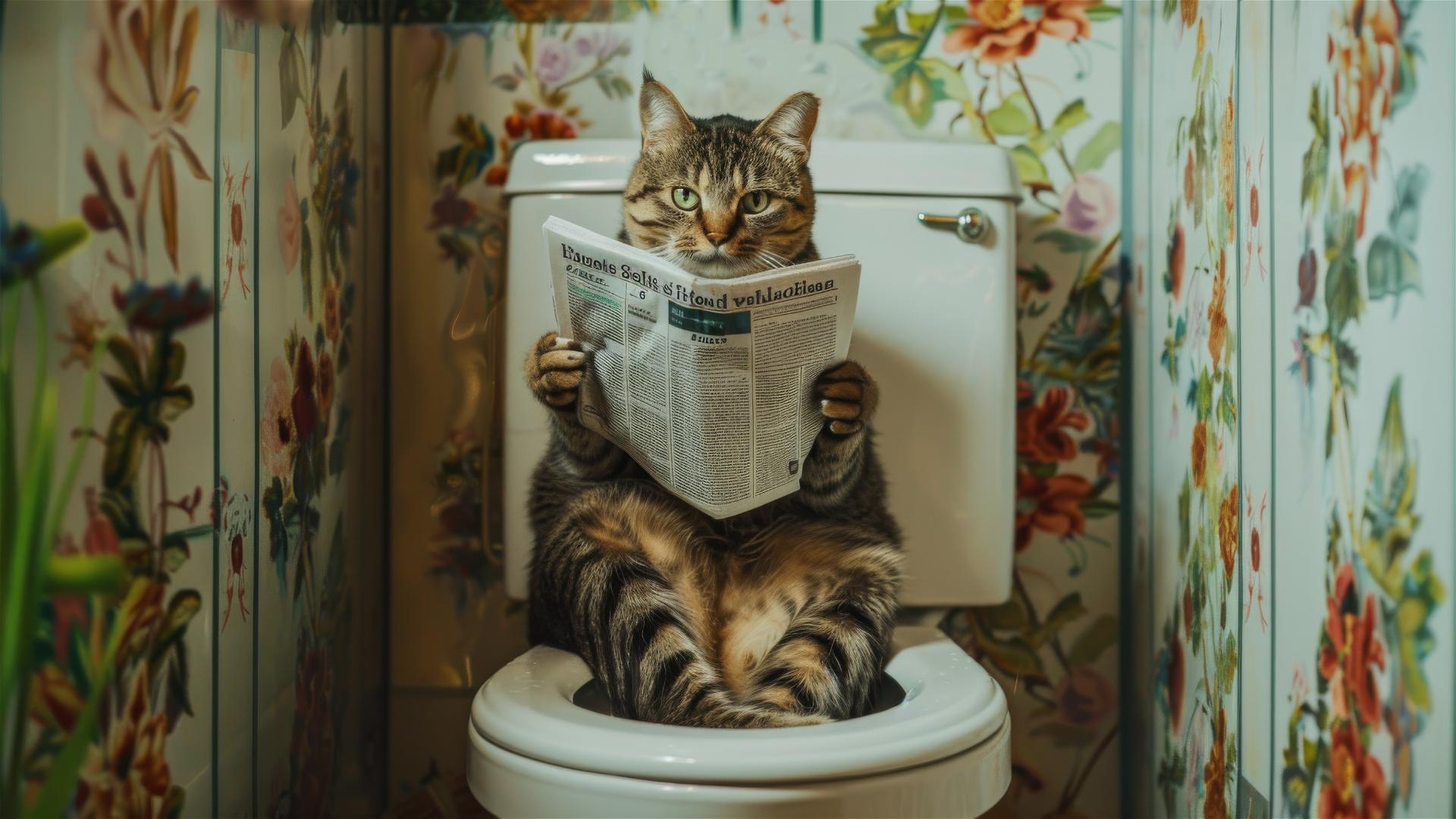 Cat-human on toilet reading newspaper, floral background, white tiles