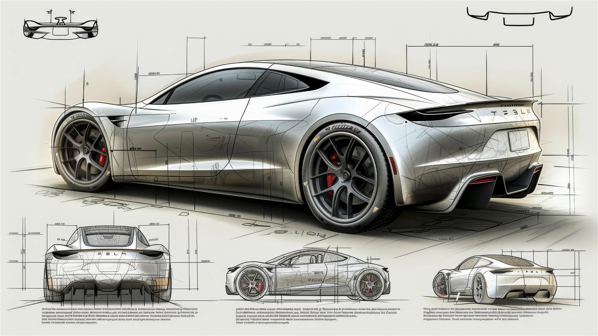 Black and white Tesla Roadster blueprint and front view sketch.