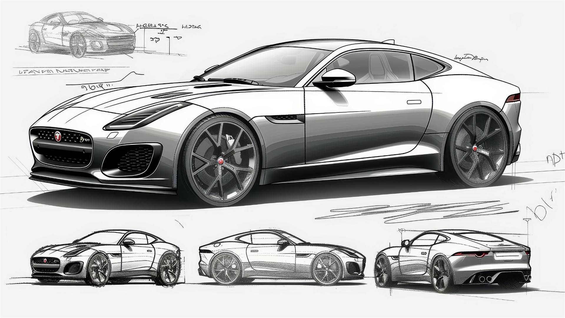 Black and white Jaguar F-Type blueprint and front view sketch