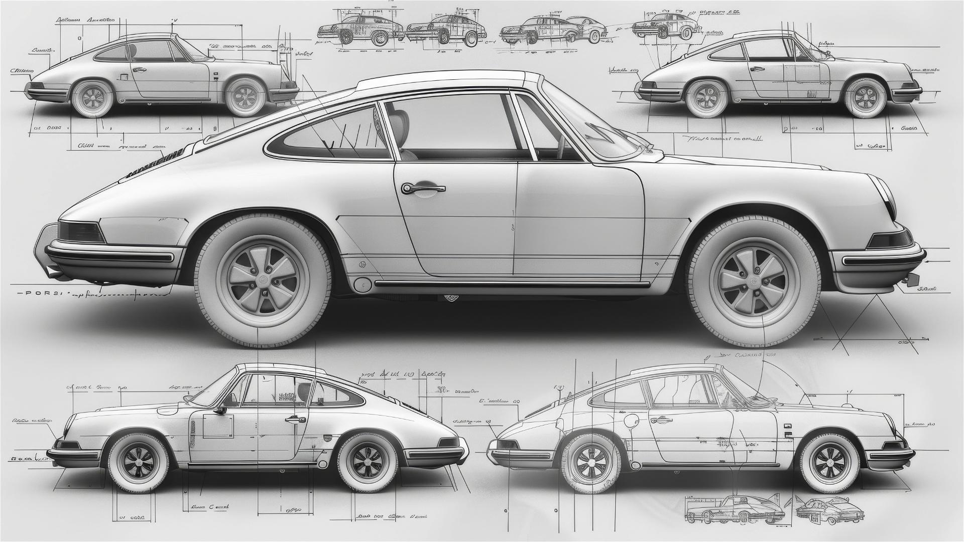 Black and white Porsche 911 blueprint and sketches.