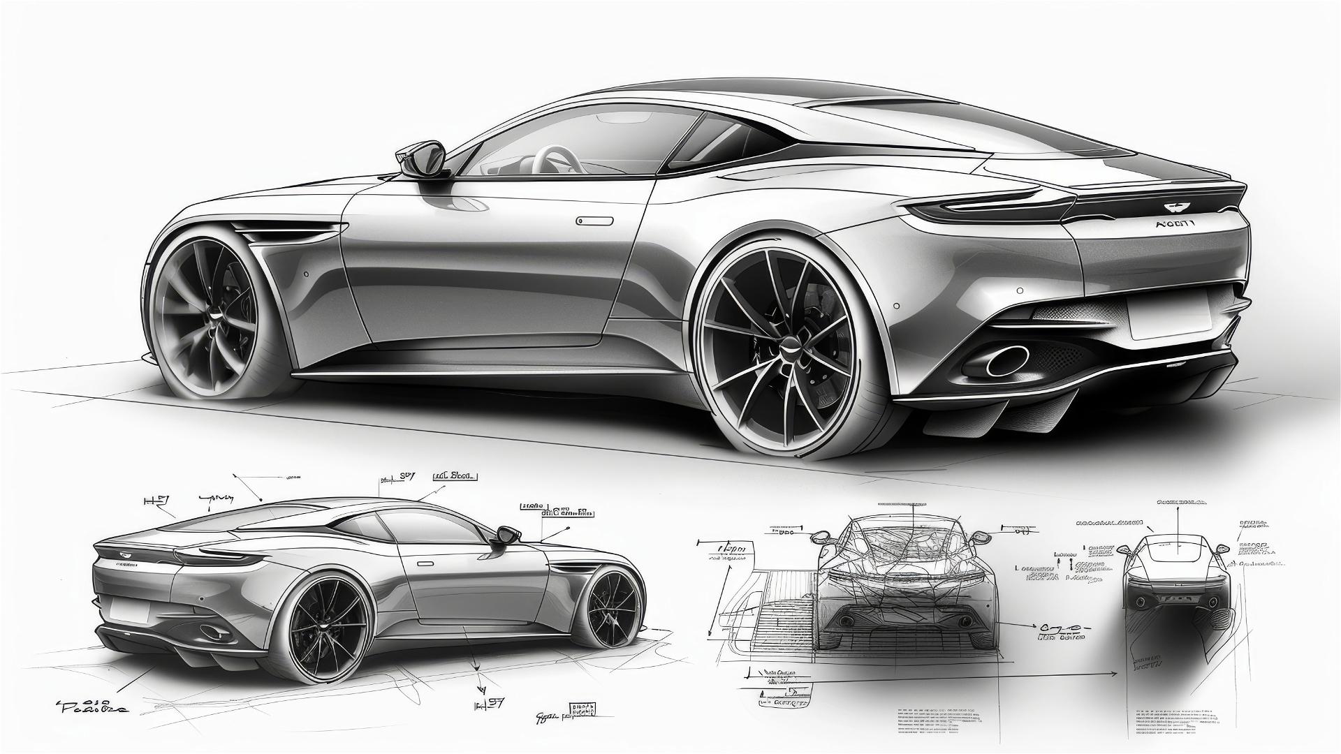 Black and white Aston Martin DB11 blueprint and sketch, 3/4 front view.