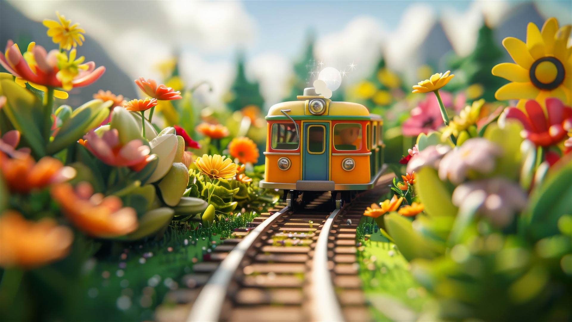 Cartoon metro on tracks with flowers and coastal view