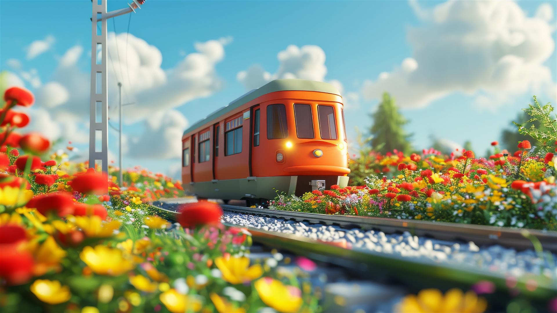 Cartoon metro on tracks with flowers and green grass in a coastal setting.