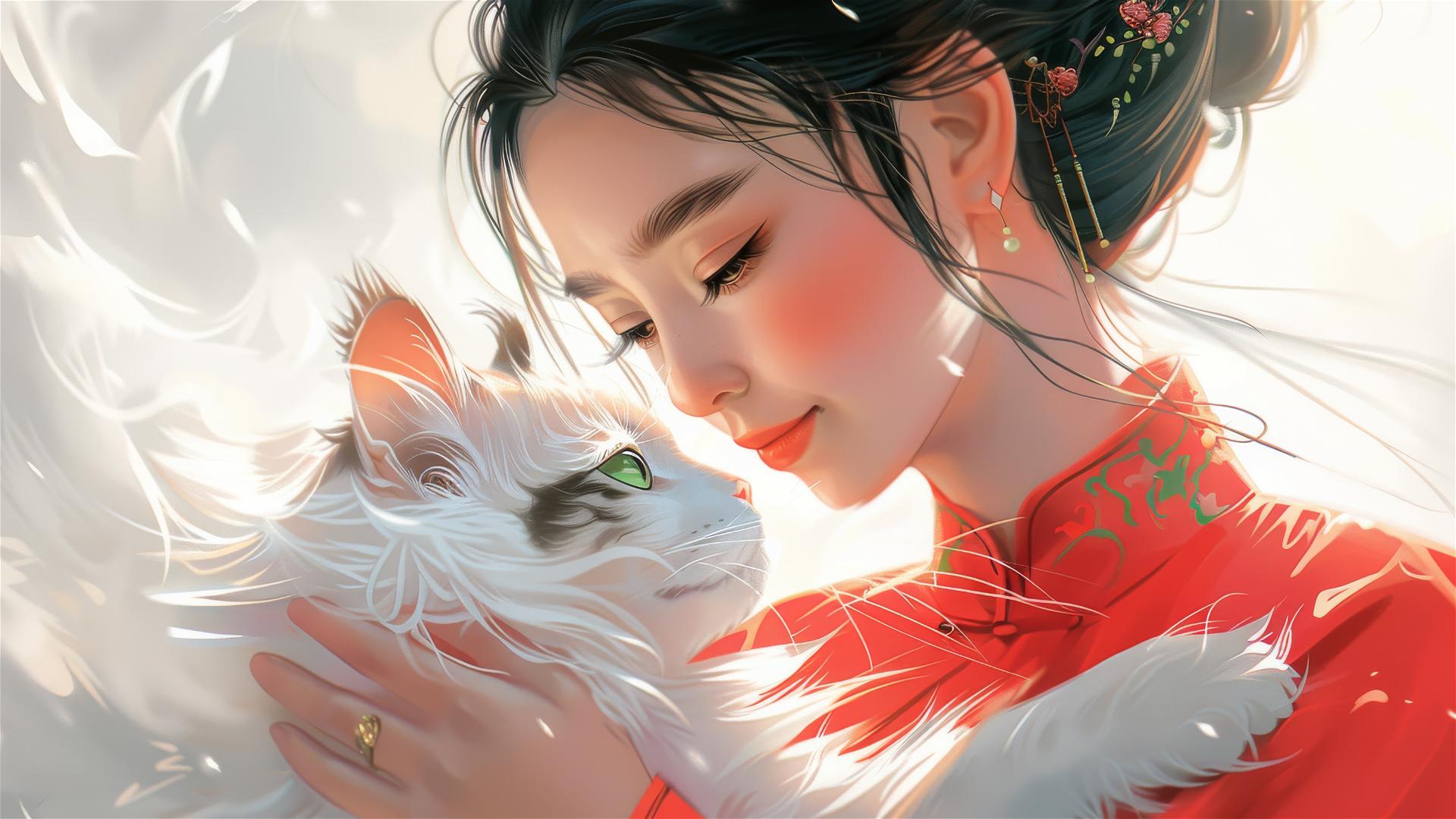Chinese woman in Hanfu with white cat in a misty, minimalist setting.