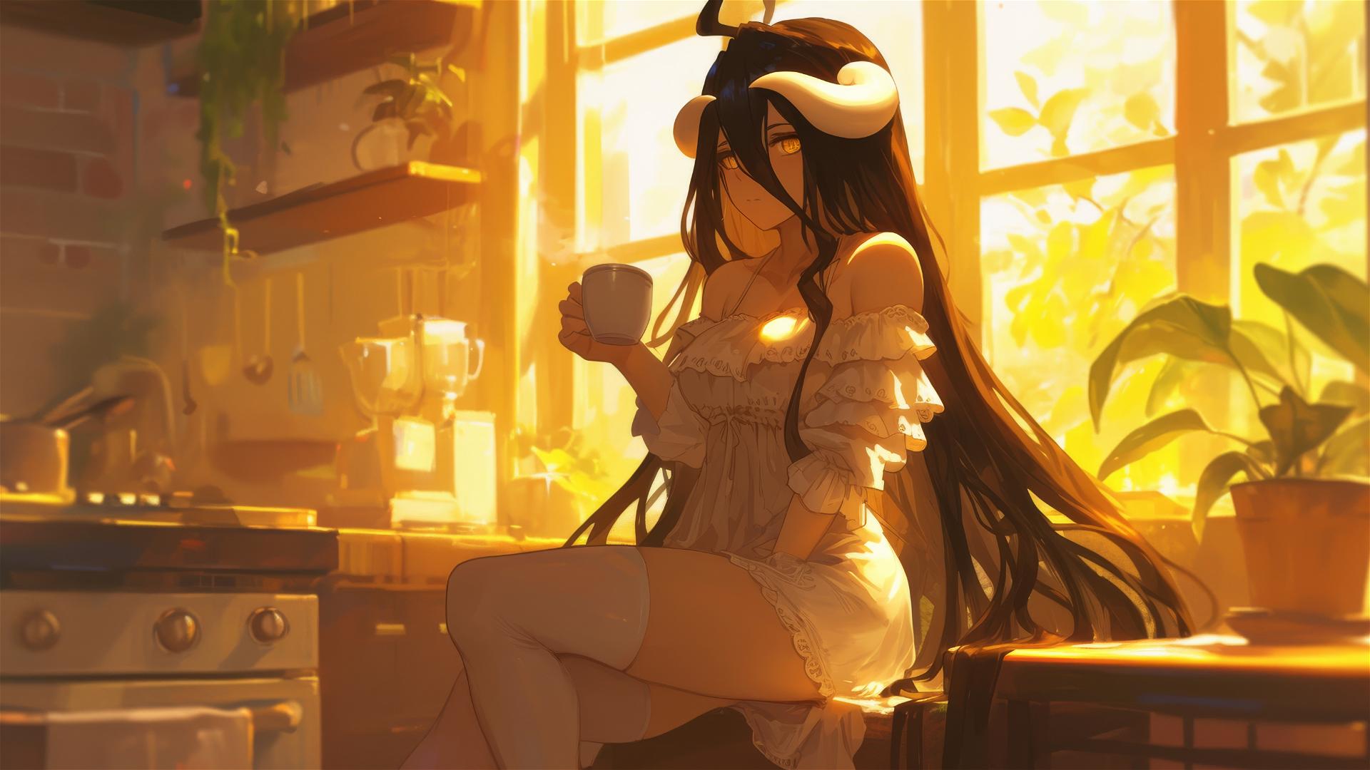 Albedo from Overlord in white silk pajamas with coffee at sunrise.