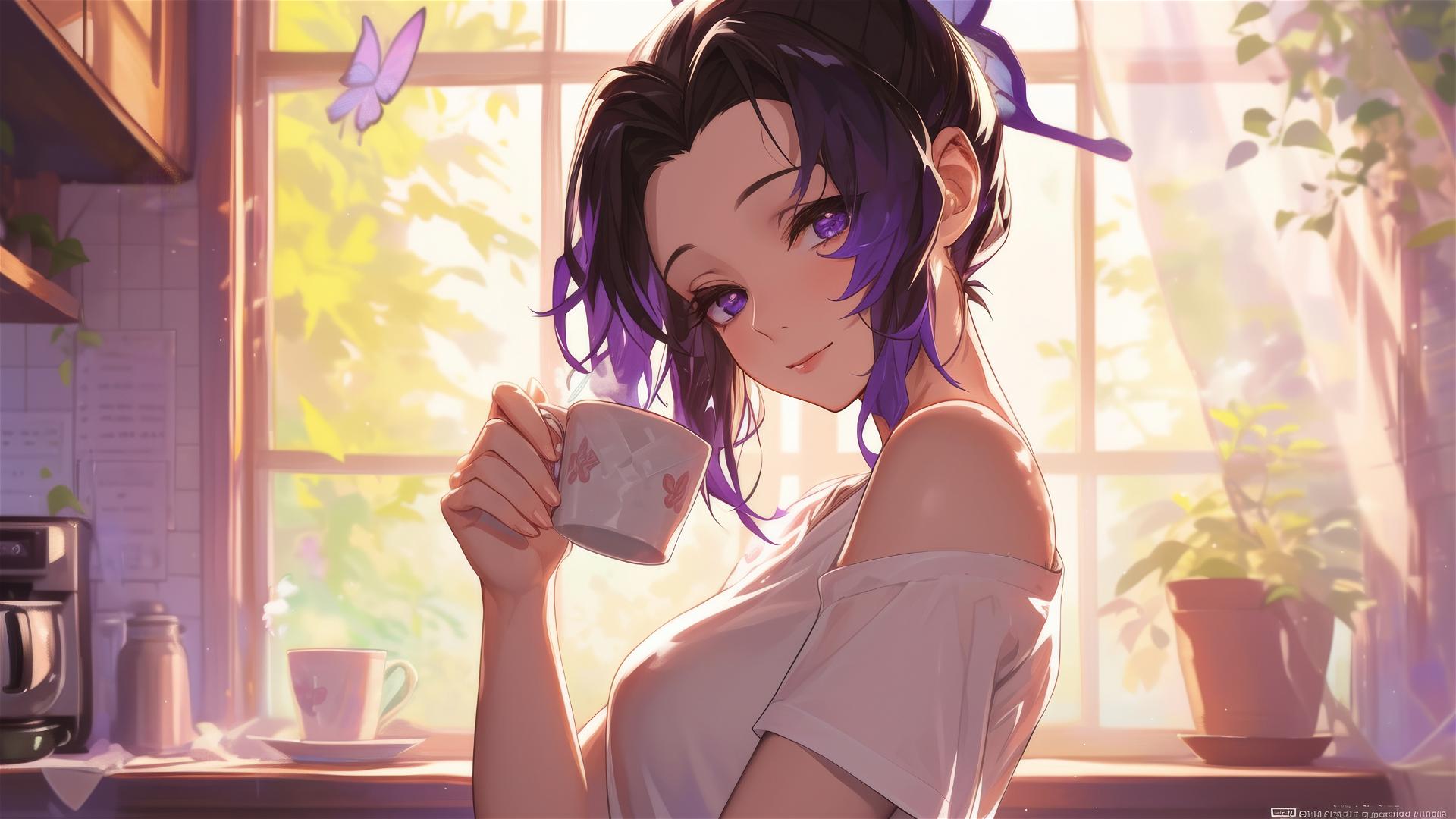 Shinobu Kocho in white T-shirt sipping coffee by window at sunrise.