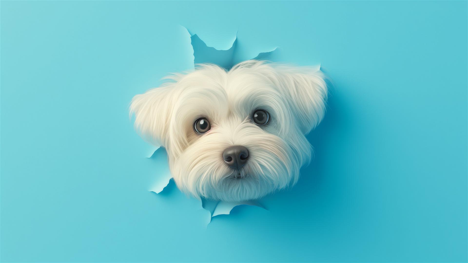 Teacup Havanese peeking through sky blue paper wall